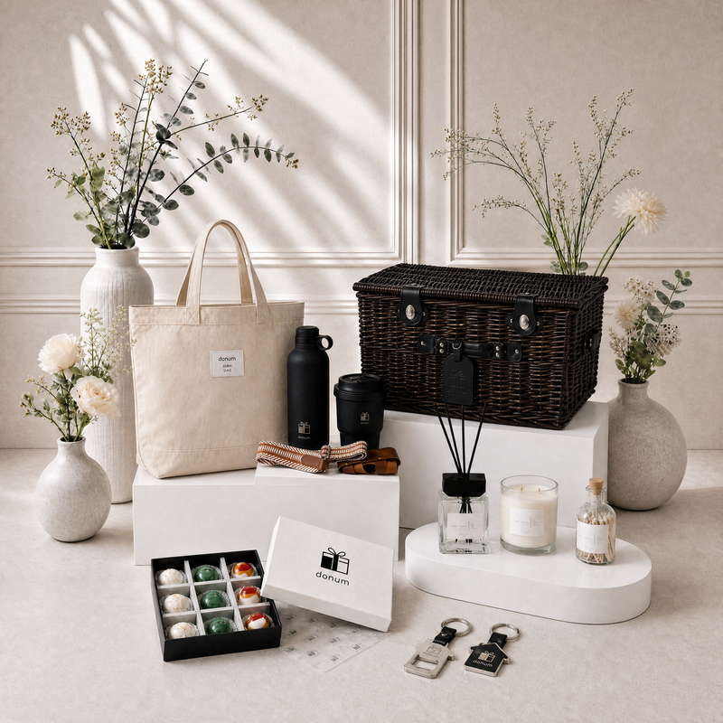 The Haven Hamper by Donum UAE — luxury lifestyle gift hamper with soy candle, reed diffuser, decorative matches, premium water bottle, travel coffee mug, house shaped keychains, canvas tote bag and handmade artisan chocolates, presented in a handwoven wicker hamper. AED 999.