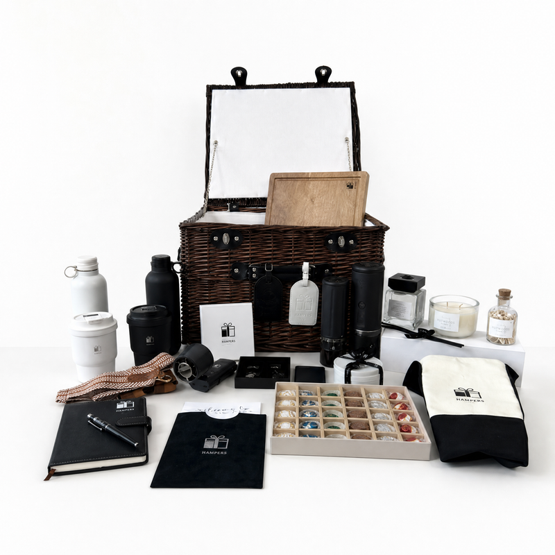 The Luxe Hamper by Donum UAE — ultimate luxury gift hamper with espresso machine, walnut board, marble coasters, two water bottles, two mugs, aroma set, artisan chocolates and full lifestyle collection. AED 2,999.
