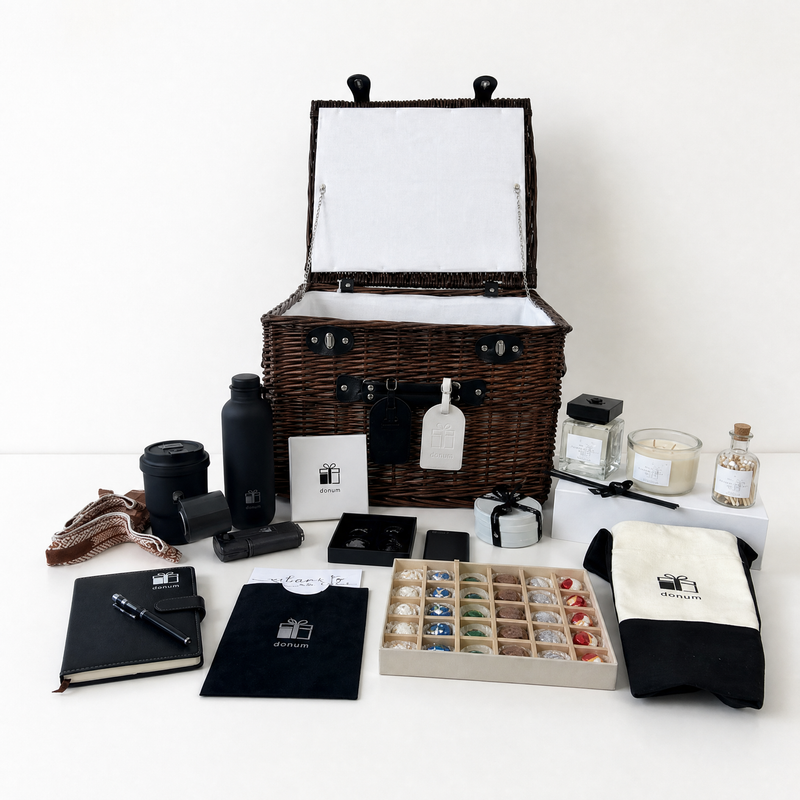 The Signature Hamper by Donum UAE — premium lifestyle gift hamper with soy candle, reed diffuser, water bottle, travel mug, key rings, tote bag, fan, power bank, notebook and artisan chocolates in a handwoven wicker hamper. AED 1,999.